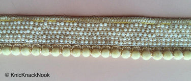 Green / Fuchsia Pink / Beige Velvet Trim With Off White Seed Pearls And Gold Threadwork, Approx. 30mm Wide - 200317L478 / 79 / 80